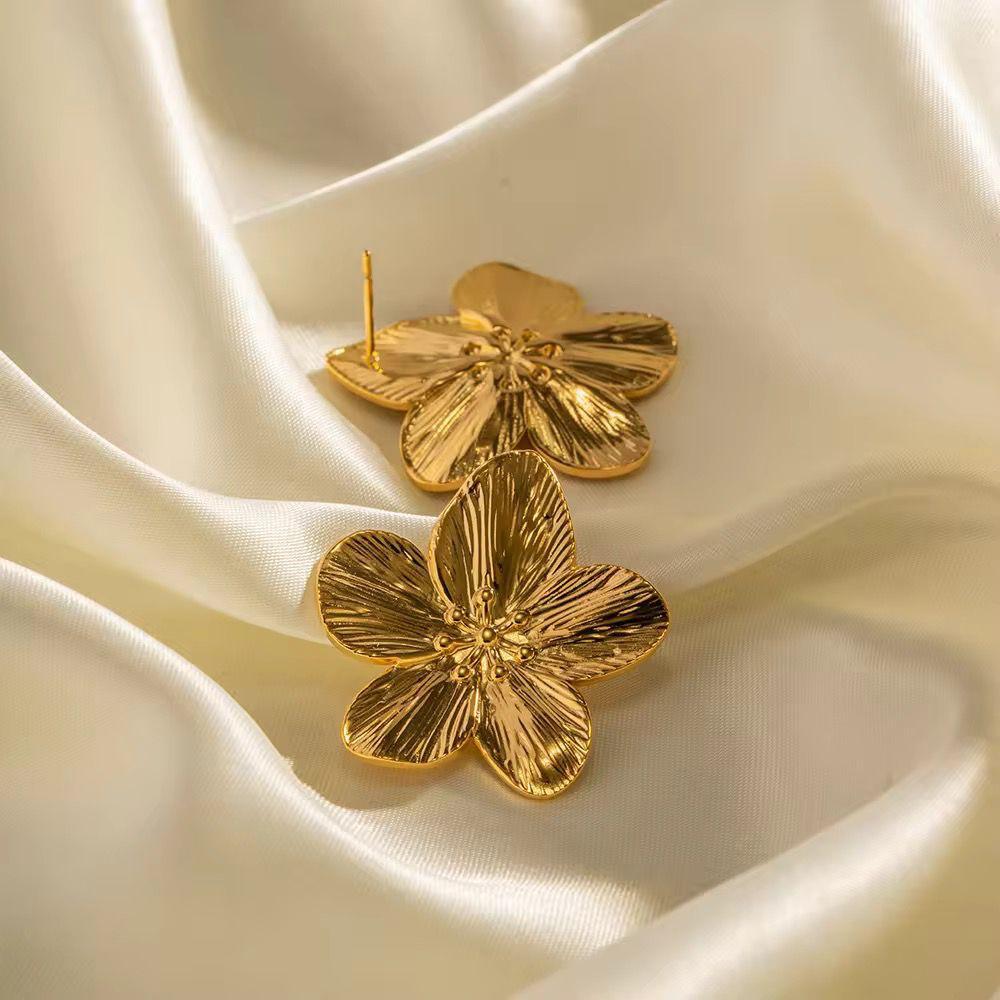 Statement Gold Hibiscus Flower Stud Earrings