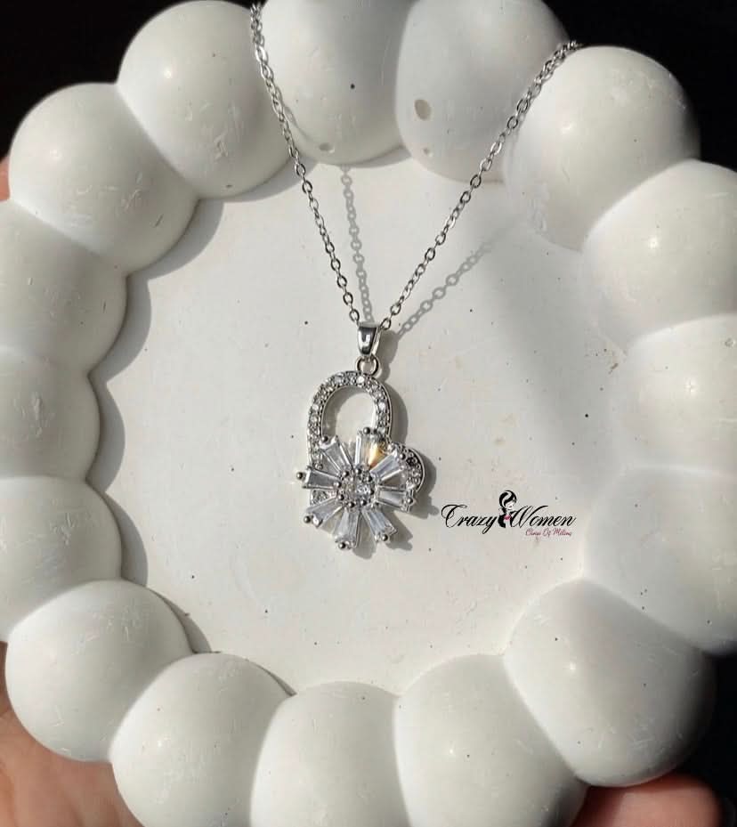 Silver Flower & Heart Pendant Charming Necklace – Elegant & Timeless Jewelry - Crazy Women