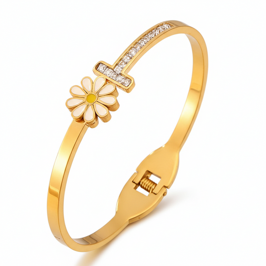 Gold Daisy Flower Crystal Bangle