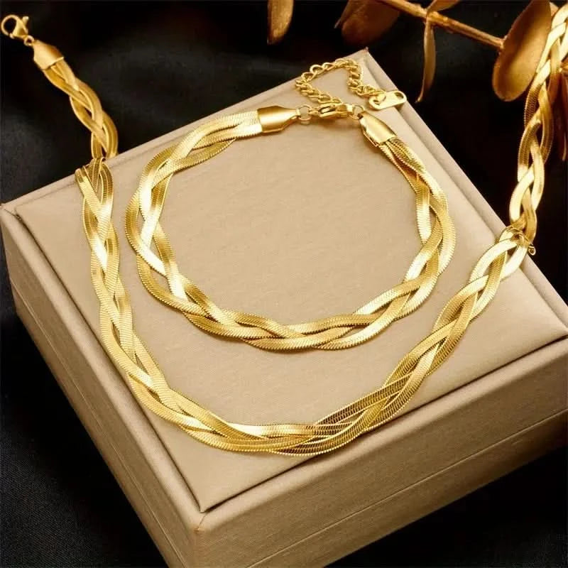 Triple Chain Golden Necklace And Bracelet Stainless Set - Crazy Women