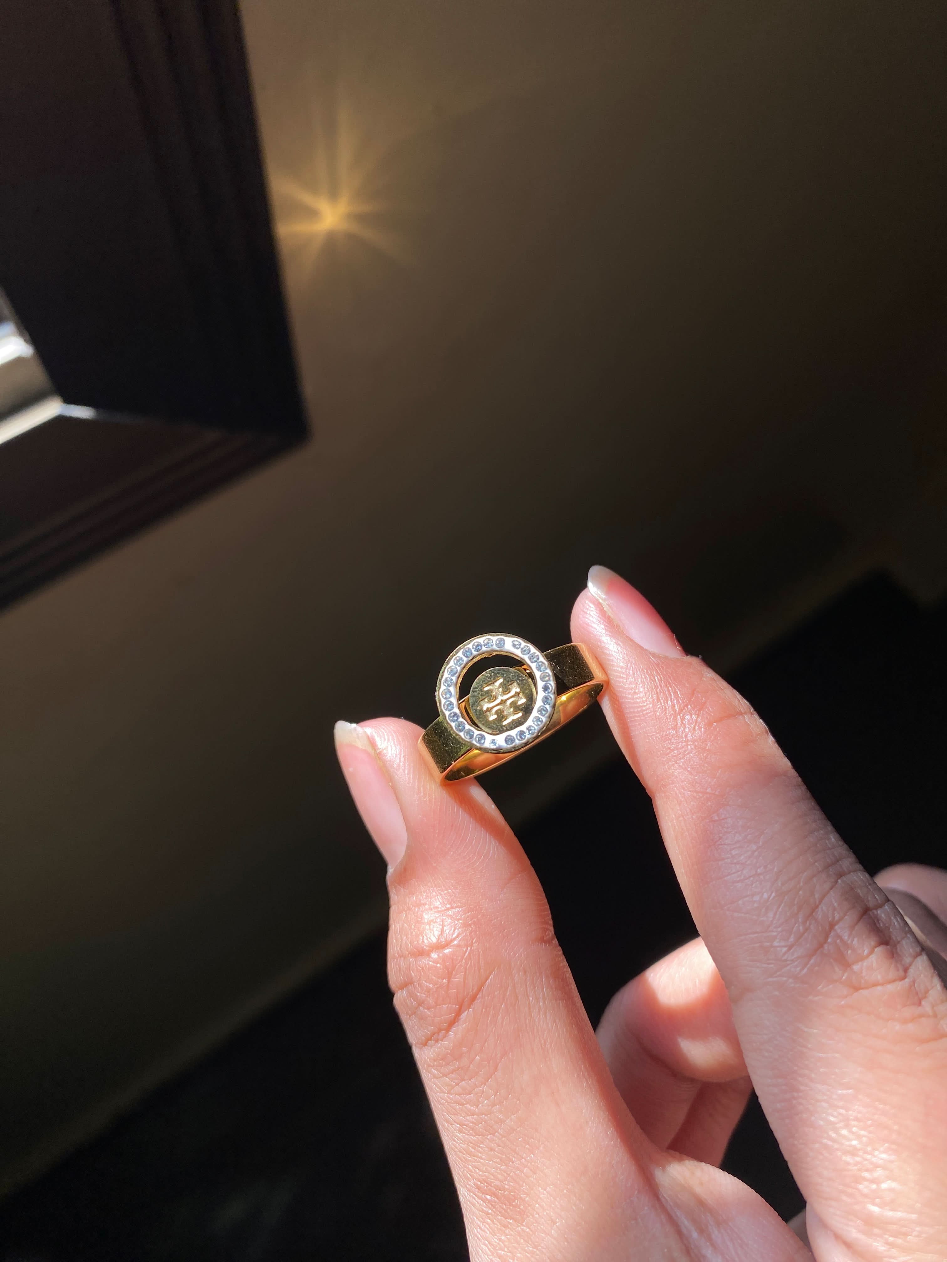 Tory Stone Emblem Ring – Elegant Tory Logo with Sparkling Stone Border - Crazy Women