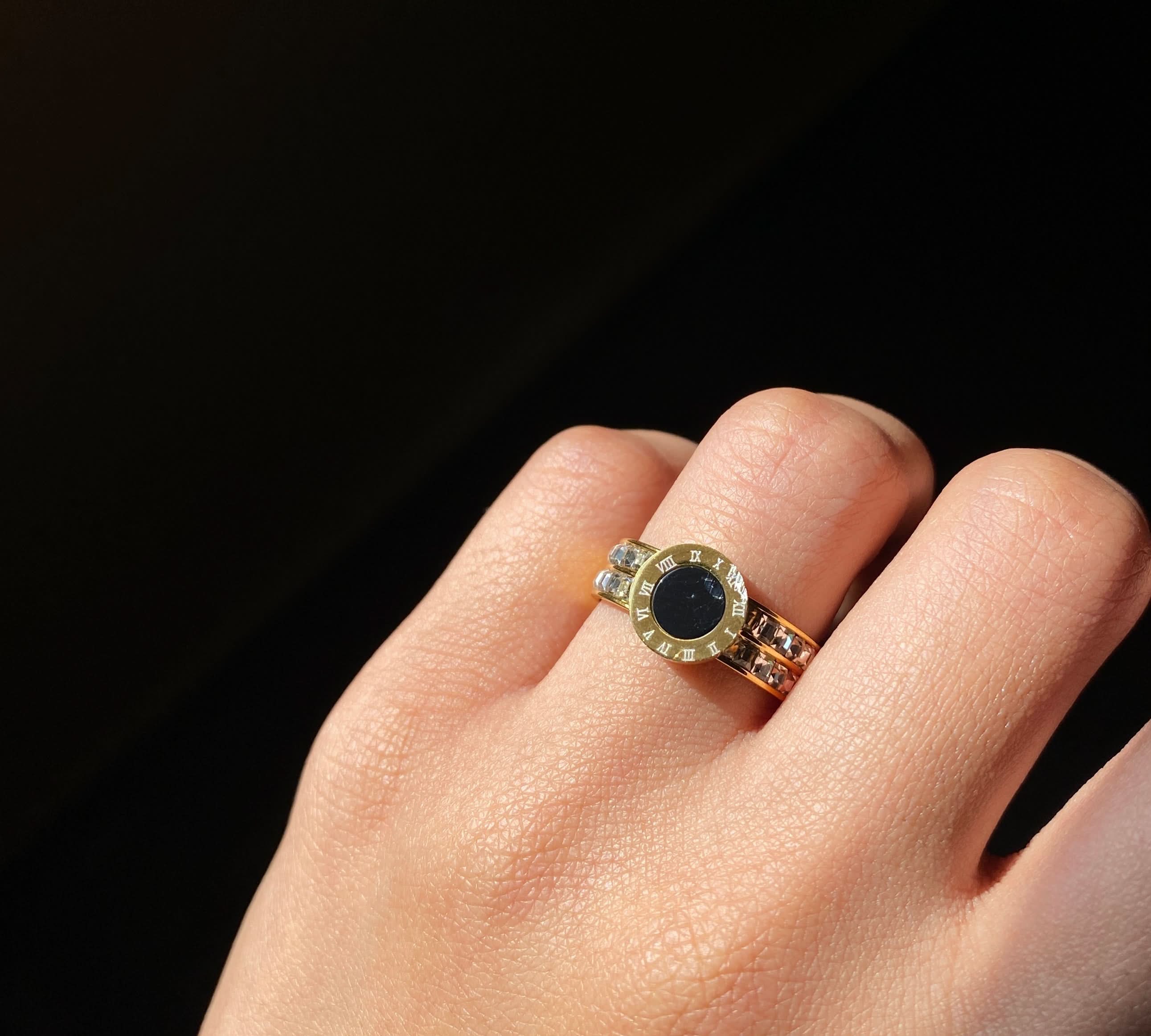 Roman Noir Circle Ring – Elegant Black Center with Roman Border Design - Crazy Women