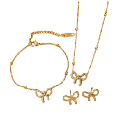 Gold Bow Necklace and Earrings Jewelry Set for Women