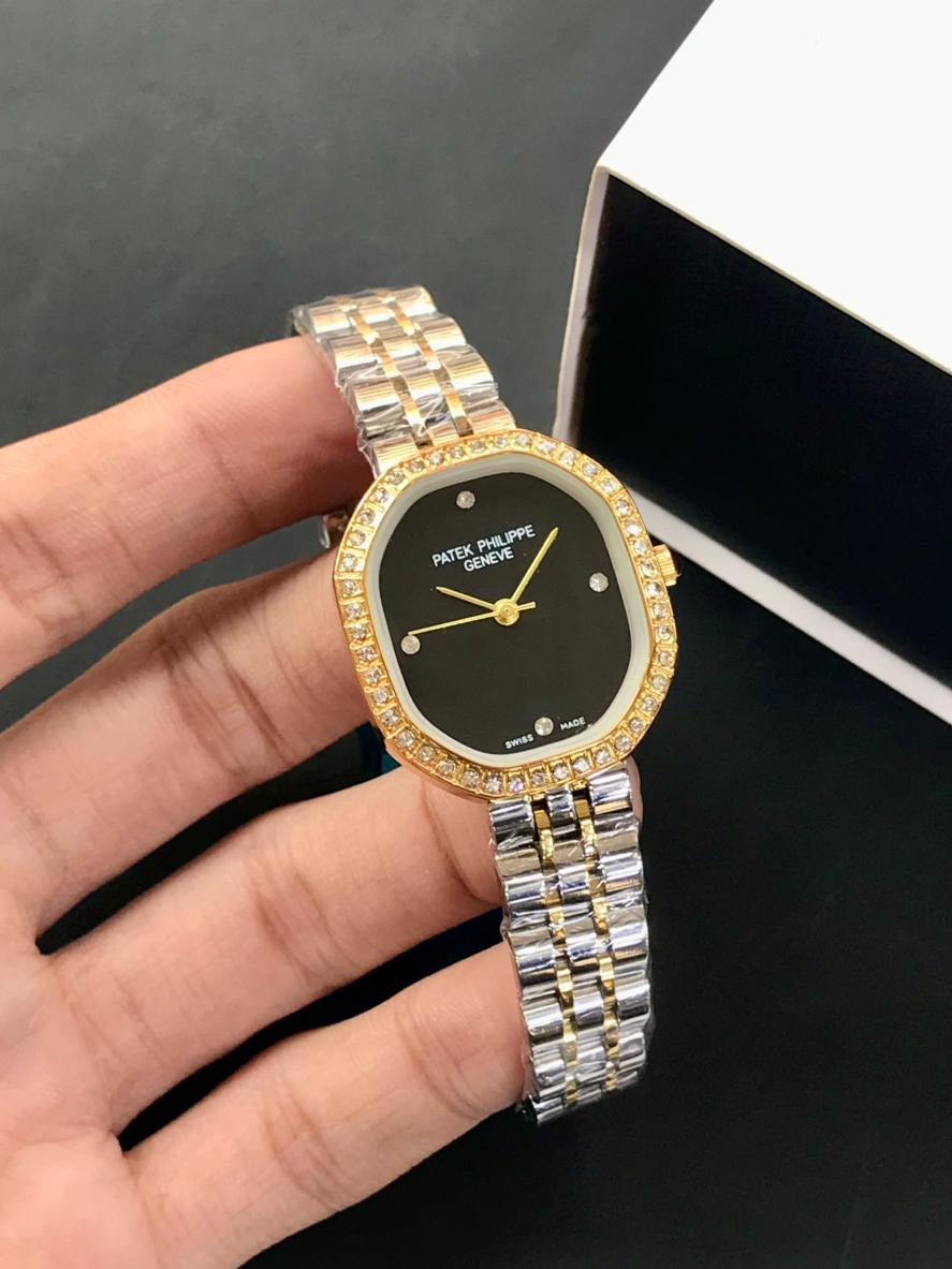 Patek Philippe Women’s Watch – Black Dial, Crystal Bezel, Two-Tone Stainless Steel