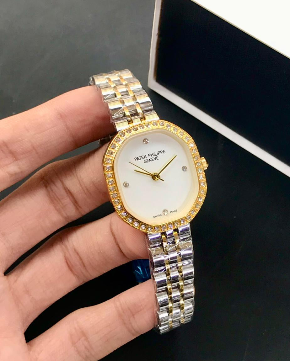 Patek Philippe Women’s Watch – White Dial, Two-Tone Stainless Steel, Crystal Bezel