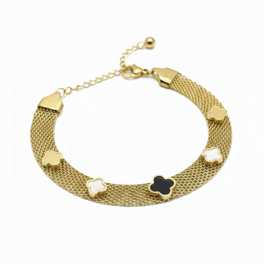 Luxury Gold Mesh Bracelet with Multi-Color Clover Charms